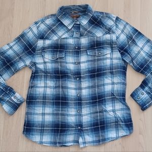 Jacks Girlfriend Blue & White Plaid Pearl Snap Cowgirl Long Sleeve Flannel M